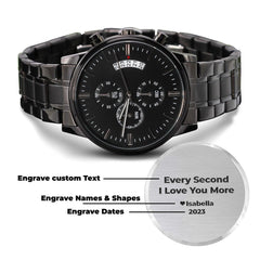 Custom Engraved Black Chronograph Watch For Men