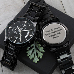 Custom Engraved Black Chronograph Watch For Men